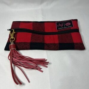 Makeup Junkie Zipper Cosmetic Bag Clutch Red Buffalo Plaid Black Checker‎ Tassel
